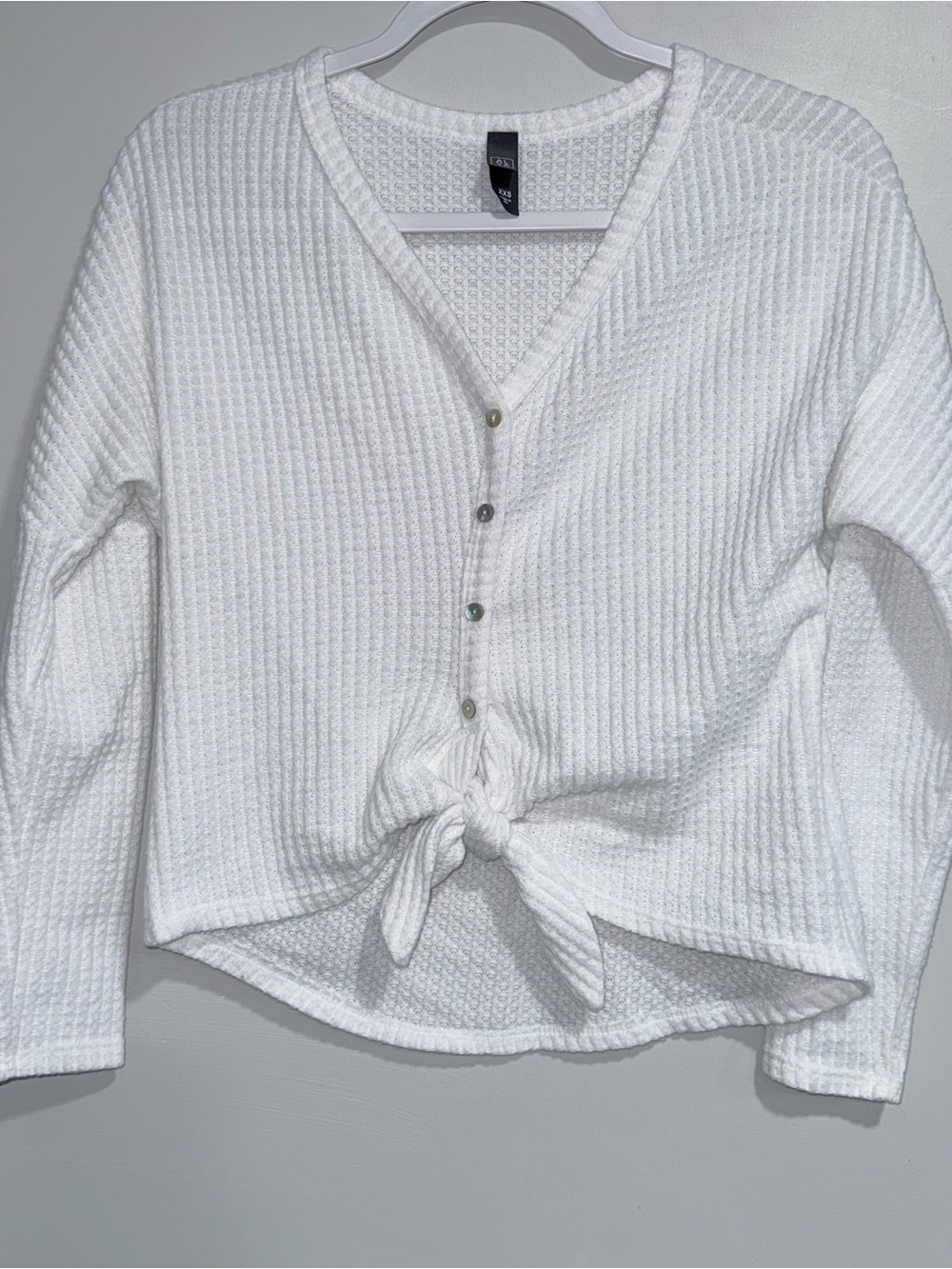Alya White Waffle-Knit Button Tie-Front V-Neck Long Sleeve Top